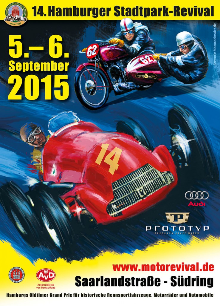 Das Plakat zeigt eine Alfetta mit J.M. Fangio und ein 1930er Jahre Renngespann